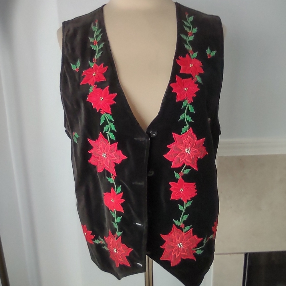 Casey & Max Velvet Poinsettia Detailed Vest M - Picture 1 of 10